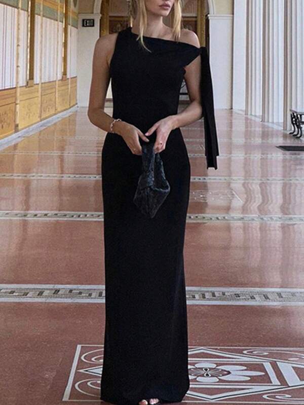 1pc Women's Elegant Solid Color Asymmetric Neck Long Sleeve Fitted Party Dress