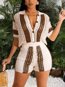 Slaydiva Holiday Beach Casual Loose Short Sleeve Shirt And Tight Shorts Color Block Hollow Out See-Through Women's Knitted Sweater Set - C