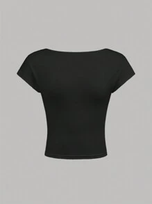 SHEIN Girlism Teen Girl Backless Black And White Knitted Top T-Shirt With High Elasticity, 2pcs/Set - Black and White - View 4