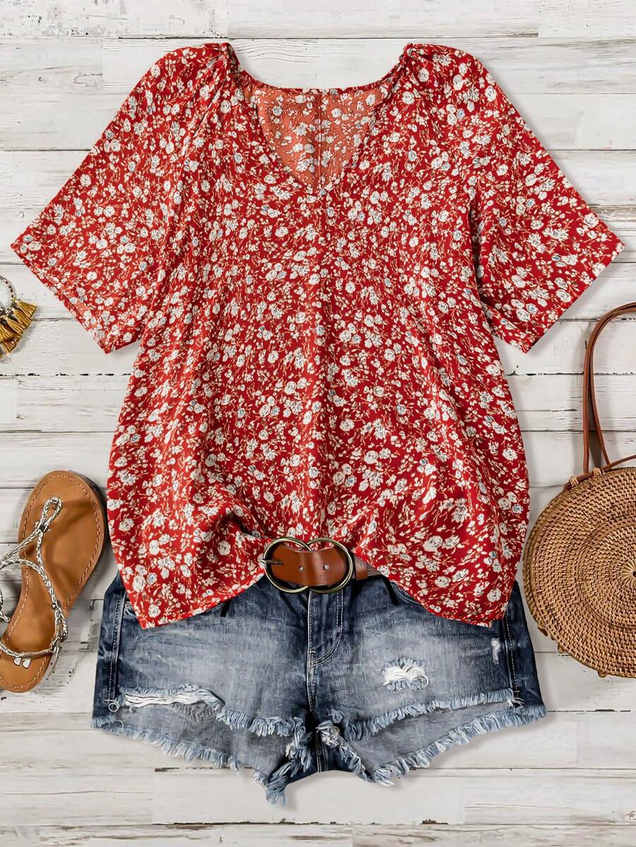 SHEIN LUNE Große Größen Boho Frauen Sommer Urlaub lose Blumen bedrucktes Hemd mit Ausschnitt und Kurzarm, Peplum Oberteil für Neujahr - Rot - Übersicht 1