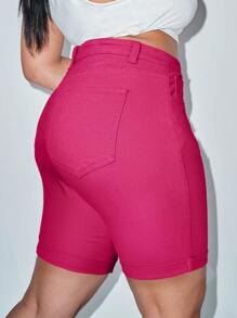 SHEIN SXY Plus Size Women Solid Color Simple Daily Wear Denim Shorts