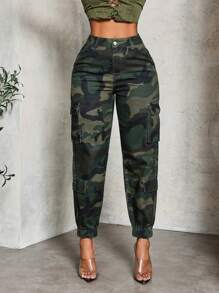 SHEIN Slayr Women's Casual Loose-Fitting Camouflage Jeans With Cargo Pockets And Elastic Cuffs - Multicolor - View 5