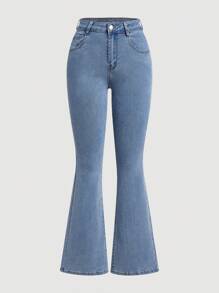 SHEIN MOD Women's Solid Color Simple Bows Decoration Flared Jeans For Daily Wear - Light Wash - View 2