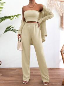 SHEIN Cottnline Oversize Textured Casual Fashion Shirt Three-Piece Suit - Beige - View 3
