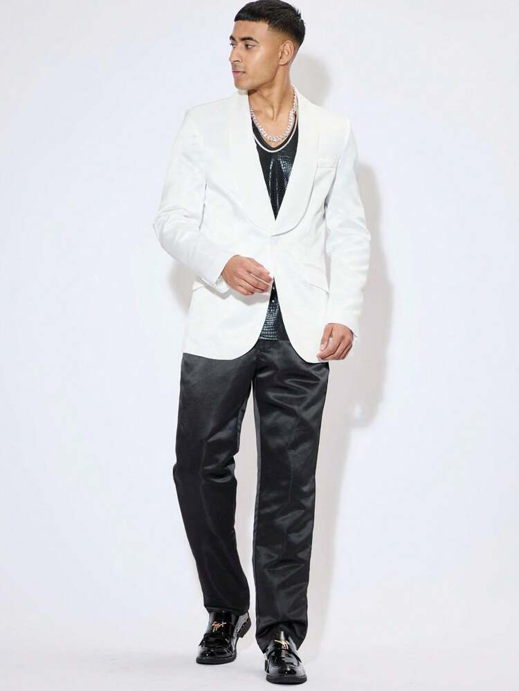 Men's Casual Solid Color Shawl Collar Suit Two Pieces Set With Long Coat And Pants