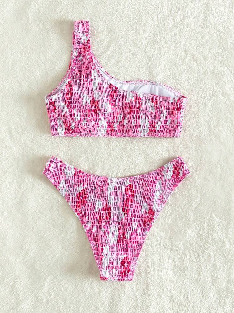 Women's Holiday Printed One-Shoulder Bikini Set, Sexy Bikini Set, Random Print,Summer Beach