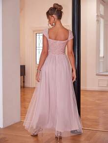 Joyfunear Women Square Neck Sequin Patchwork Side Slit Midi Dress Elegant Formal Evening Prom Wedding Guest Gown, For Graduation, Dinner Party Dress - Baby Pink - View 2