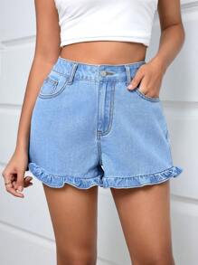 SHEIN Essnce Women's Simple Lace Design Casual Denim Shorts For Summer