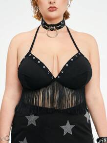 ROMWE Grunge Punk Plus Size Metal Eye Triangle Cup & Tassel Detail Halter Neck Bralette - Black - View 5