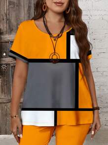 EMERY ROSE Conjunto de camiseta y leggings de talla grande para mujer, con bloqueo de color asimétrico y diseño de cuadrícula, para el verano