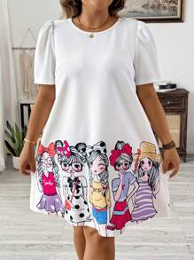 SHEIN LUNE Vestido suelto de talla grande para niñas con lindo estampado y manga abullonada con cuello redondo