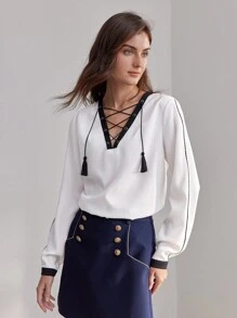 MOTF PREMIUM CONTRAST PIPING TASSEL LACE UP V-NECK BLOUSE - Black and White - View 8