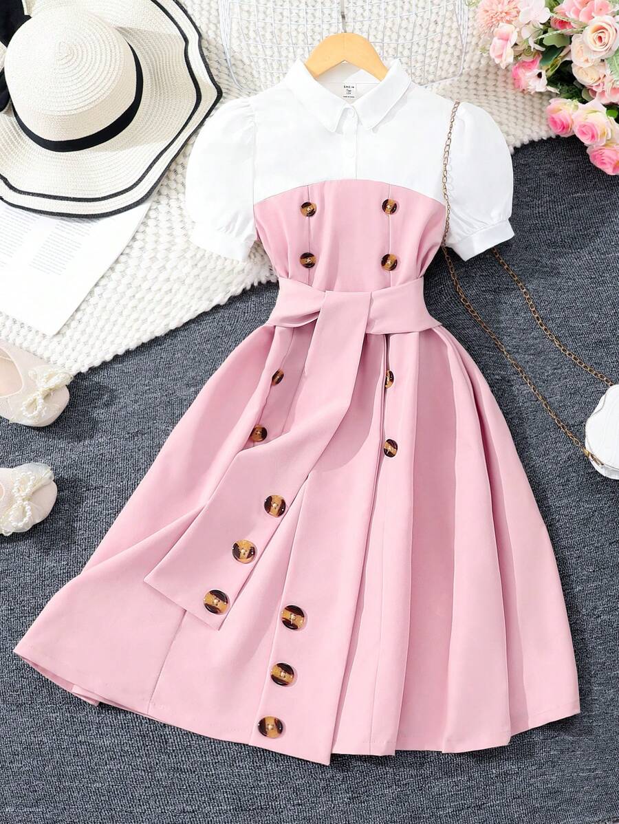 Teen Girl Solid Color Short Sleeve Polo Collar Buttoned Summer Dress With Contrast Trim - Pink - View 1