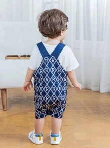 SHEIN Cute Baby Boy/Girl College Style Navy Blue Summer T-Shirt & Jumpsuit Set,Letter Pattern For Family Matching,Birthday Party,Wedding,Baptism Outfit - Multicolor - View 2