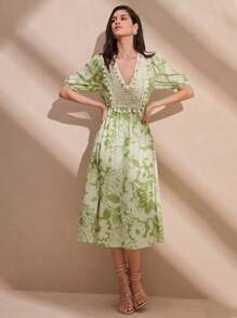 Anewsta Women's Random Floral Print V-Neck Dress - Green - View 6