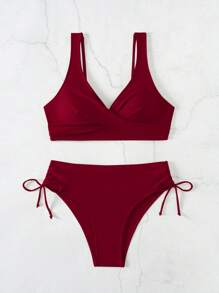 SHEIN Swim Ensemble bikini croisé unicolore pour femmes pour plage et été, ensemble bikini sexy pour les vacances - Rouge foncé - Voir 3