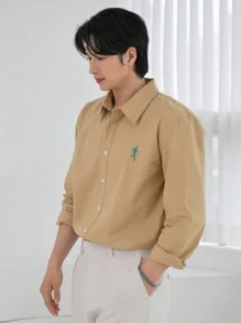 DAZY Men's Simple Embroidered Shirt For Daily Wear, Spring Autumn Long Sleeve Men Shirt Business Attire