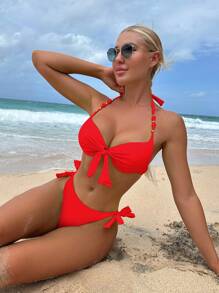 Swim Vcay Set de 2 bikinis con diseño floral, copa acolchada y estilo halter para el verano