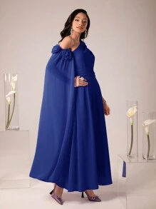 Modelyn 女士春夏纯色不对称领长斗篷袖优雅连衣裙长款晚礼服 - 寶藍色 - 查看 3
