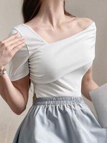 Mulvari Women's Summer Solid Color Asymmetrical Collar Short Sleeve Casual T-Shirt