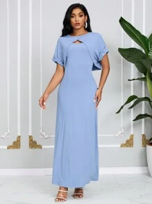 SHEIN Lady Women's Gray-Blue Long Dress Top And Short Sweater Knit Ribbed Two-Piece Set - Blue - View 6