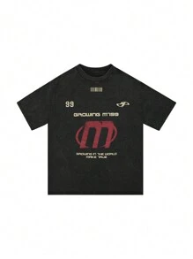 T-shirt z krótkim rękawem i nadrukiem w amerykańskim stylu ulicznym MT99, czarny