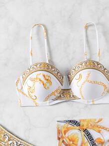 SHEIN Swim 女士夏季沙滩链印花比基尼套装和裹身裙度假三件套比基尼套装女士夏季泳衣套装 - 白色 - 查看 5