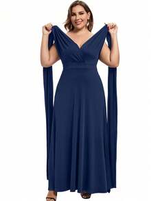 Plus Size Solid Color Off-Shoulder Ruched Criss-Cross Back Dress - Blue - View 6