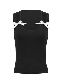 Quare-Neck Bow Accent Slim-Fit Crop Tank Top - Black - View 3