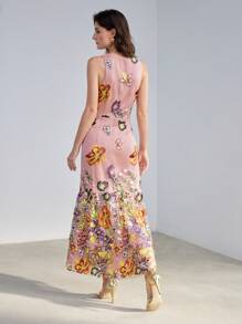 MOTF PREMIUM VESTIDO DE MALLA FLORAL CON BORDADO Y CUELLO DE CRUCE EN FORMA DE SIRENA