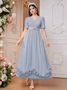 Modelyn Women's V-Neck Casual Short Sleeve Arabic Style Dress With Ruffle Hem For Summer Long Evening Dresses - Blue - View 3