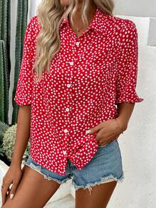 SHEIN LUNE Camisa de manga de linterna de ocio festivo con pequeño estampado floral