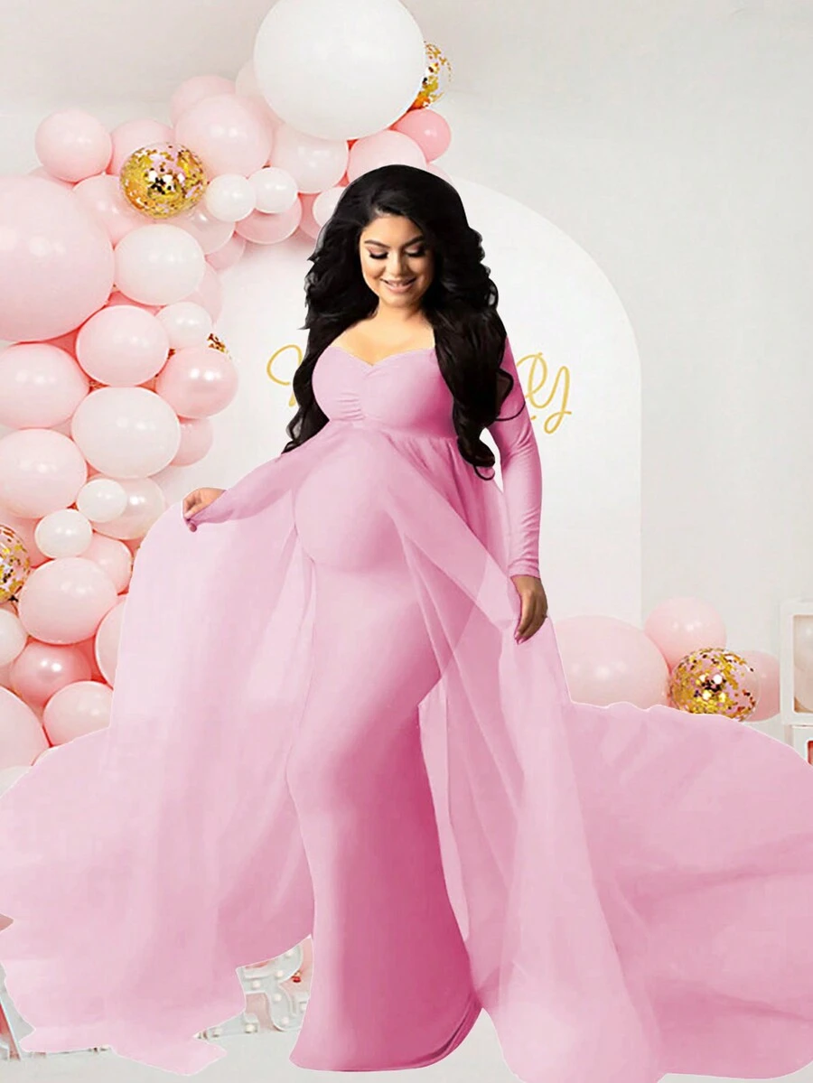 JustVH Robe longue de maternité à manches longues en maille, convenant pour les séances photo de bébé et les fêtes de baby shower, rose printemps