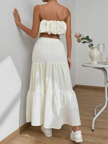 Chiquease Conjunto de top de tirantes de unicolor y falda texturizada de moda para mujer - Albaricoque - Ver 2