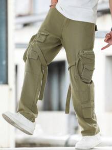 Manfinity Hypemode Men Casual Multi-Pocket Workwear Jeans In Solid Color