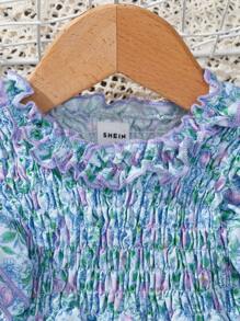 Baby Girl Elegant Gorgeous Vintage Flower Pattern Printed Batwing Sleeve Dress, Perfect For Spring And Summer - Blue - View 4