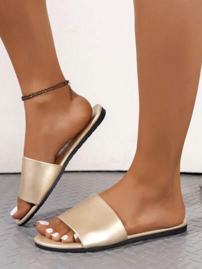 復古金色平底女士涼鞋，圓頭純色防滑皮拖鞋