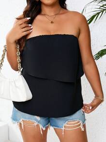 SHEIN Holidaya Plus Size Solid Color Casual Daily Summer Strapless Women Top - Black - View 4