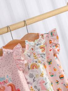 SHEIN Vintaside Kids Set de 3 piezas de enterizos lindos y dulces para bebé niña con estampado de arcoíris, conejo y unicornio, trajes de mejores amigos, verano de ocio y diversión - Multicolor - Ver 5