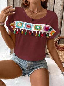 Breezaya Camiseta informal de manga corta y cuello redondo con flecos estampado de flores para las vacaciones de verano de la mujer