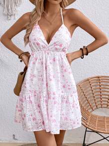 Breezaya Ngày lễ thường ngày Ditsy hoa cut-out thêu Cinching eo hở lưng Halterneck Dress - Hồng - Xem 6
