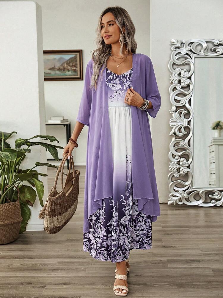 Floral Print V-Neck Camisole And Cardigan Two-Piece Set For Women, Summer