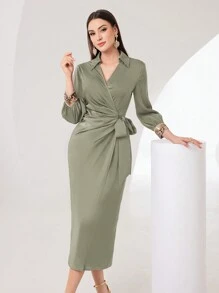 Modelyn Women's Glitter Lace-Up Pleated Solid Color Long Sleeve Dress For Daily Wear Long Evening Dresses