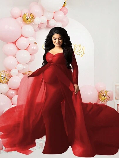 JustVH Maternity Long Sleeve Floor-Length Mesh Dress, Suitable For Baby Photoshoot And Baby Shower Spring