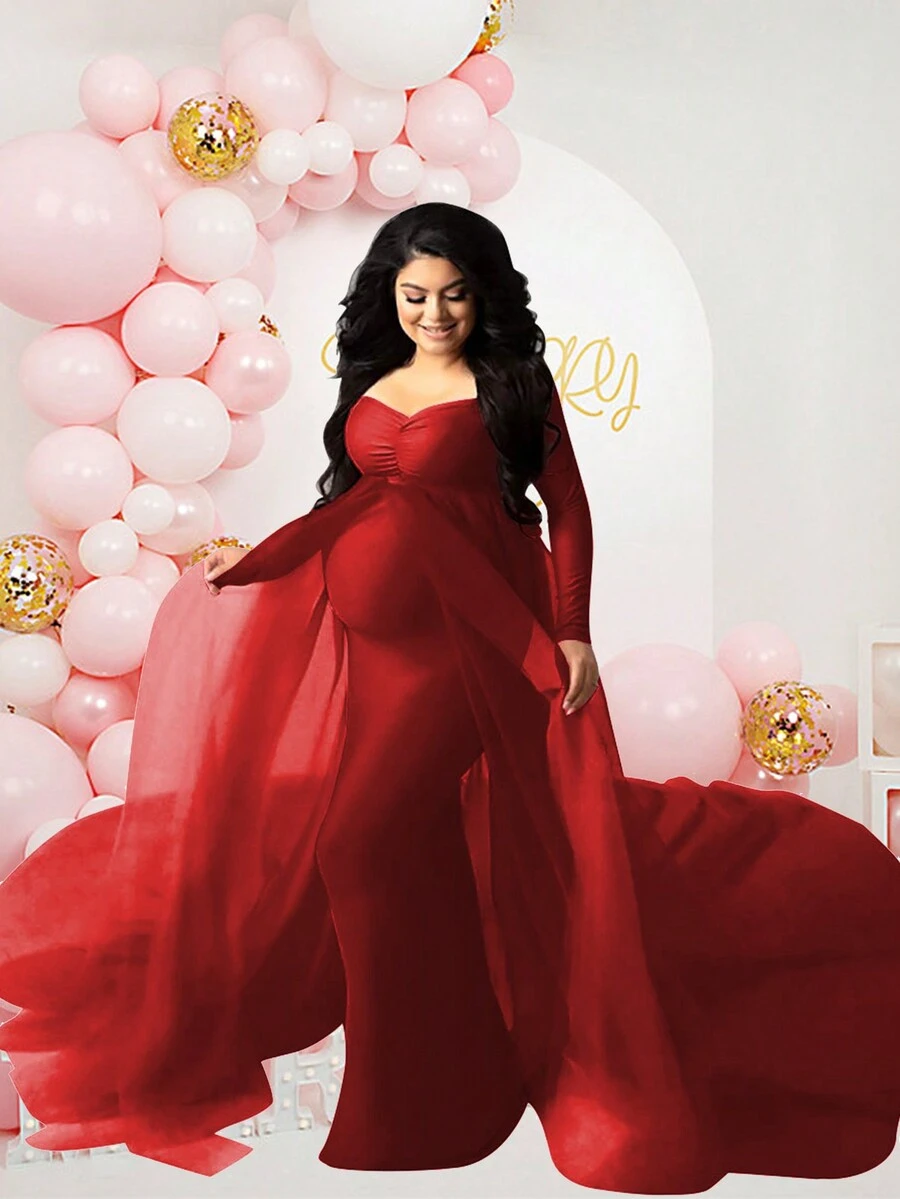 JustVH Maternity Long Sleeve Floor-Length Mesh Dress, Suitable For Baby Photoshoot And Baby Shower Spring