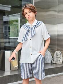 SHEIN 10-12歲男孩2入組校園風條紋斗篷設計短袖襯衫和短褲，休閒套裝"} (Note: I assumed that "tween boy - 白色 - 查看 5