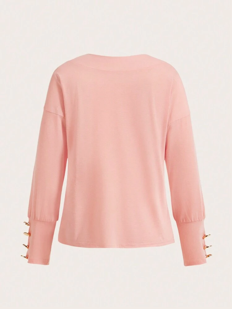 Pink Casual V-Neck Wide Hem Women T-Shirt