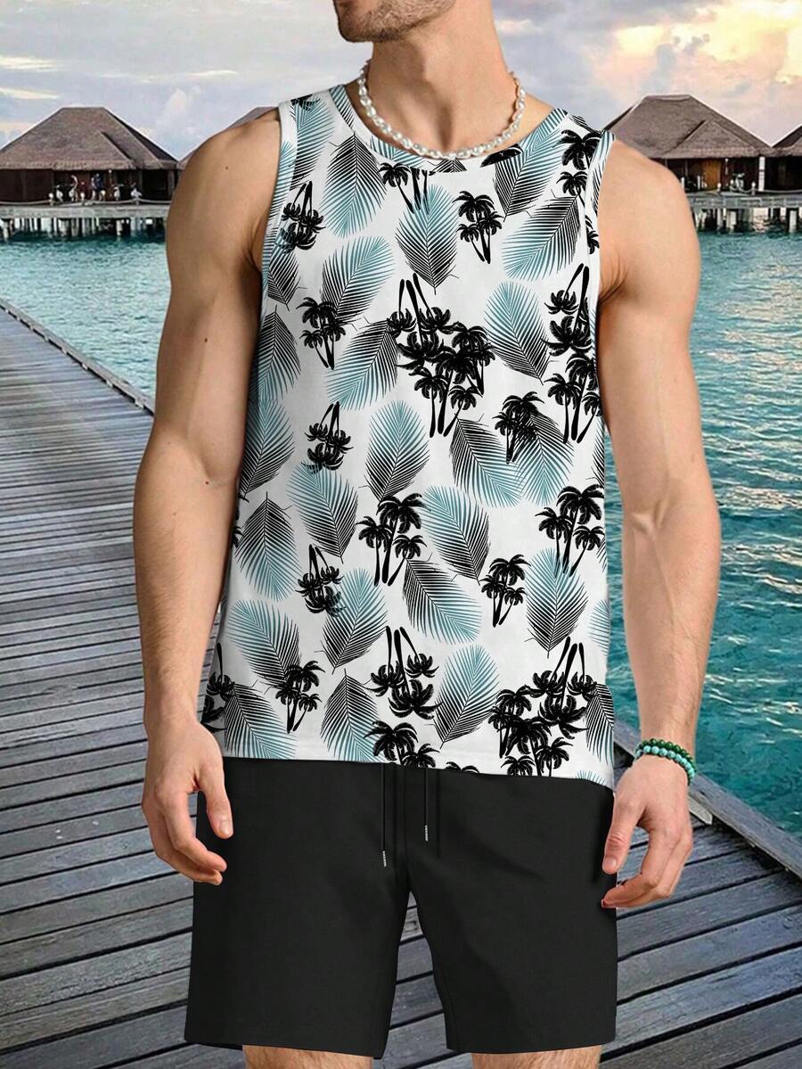 Conjunto de pantalones cortos y camiseta de tirantes para hombre con estampado de hojas para usar a diario en primavera y verano. - Multicolor - Ver 1