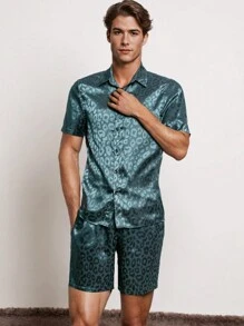 Men's Spring/Summer Leisure Jacquard Short Sleeve Shirt Set - Dark Green - View 1