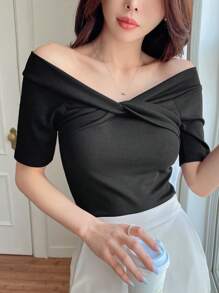DAZY Women's Summer Solid Color Off Shoulder Twist Short Sleeve T-Shirt For Chest,Crop Tops Women Going Out Tops Women - Black - View 8
